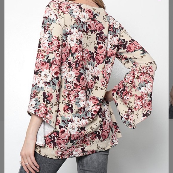 Taupe & Mauve Floral 3/4 Bell-Sleeve Tunic, S - Picture 3 of 3